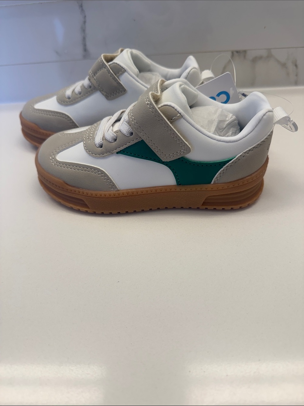 NWT Kids Beige, White, and Green Sneakers - Velcro Closure